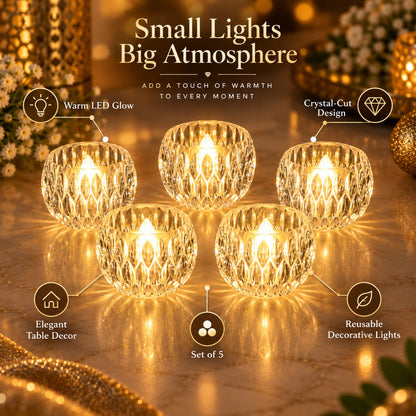 Crystal Style LED Decorative Candle Lights Set of 5, Warm Glow Flameless Tealight Candles with Faceted Clear Design for Diwali, Puja, Dining Table and Festive Home Decor (5 Pc Set)