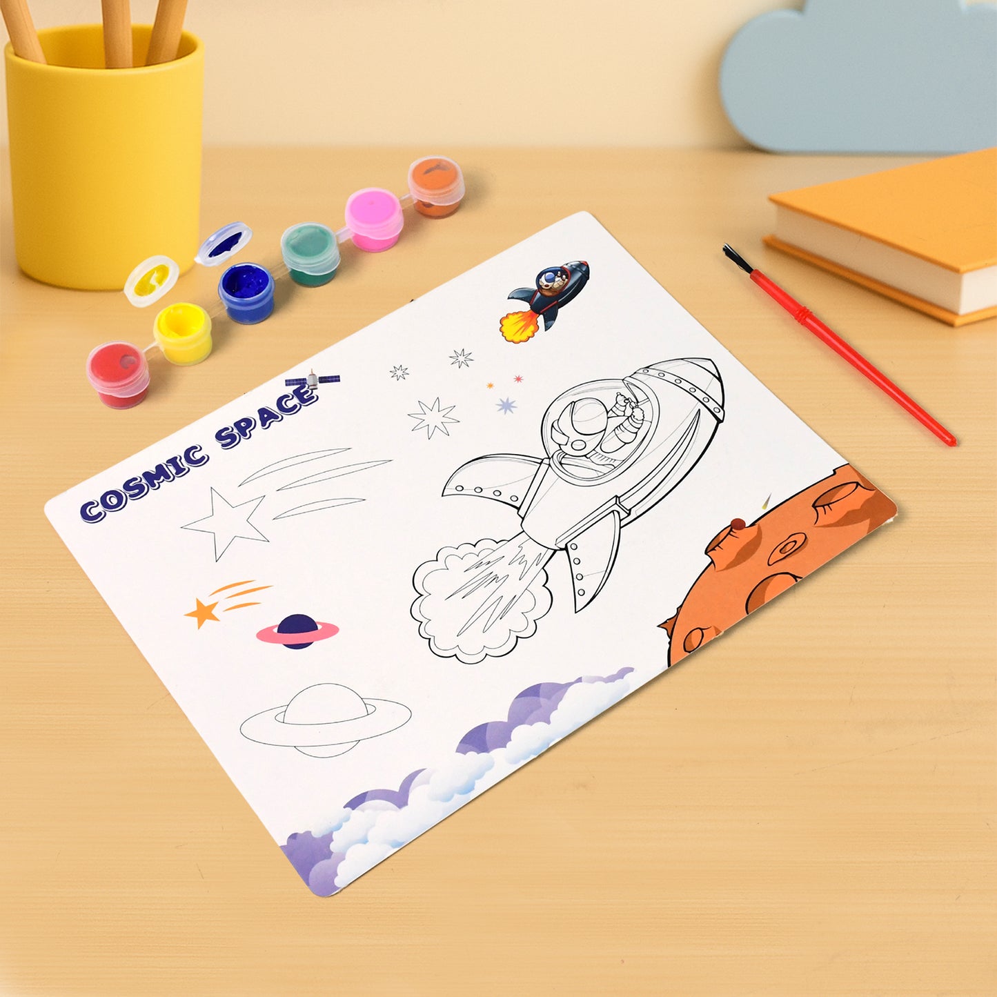 Cosmic Space Theme Kids Painting and Coloring Kit – DIY Educational Art Set with Coloring Sheets, Non-Toxic Paints and Brush