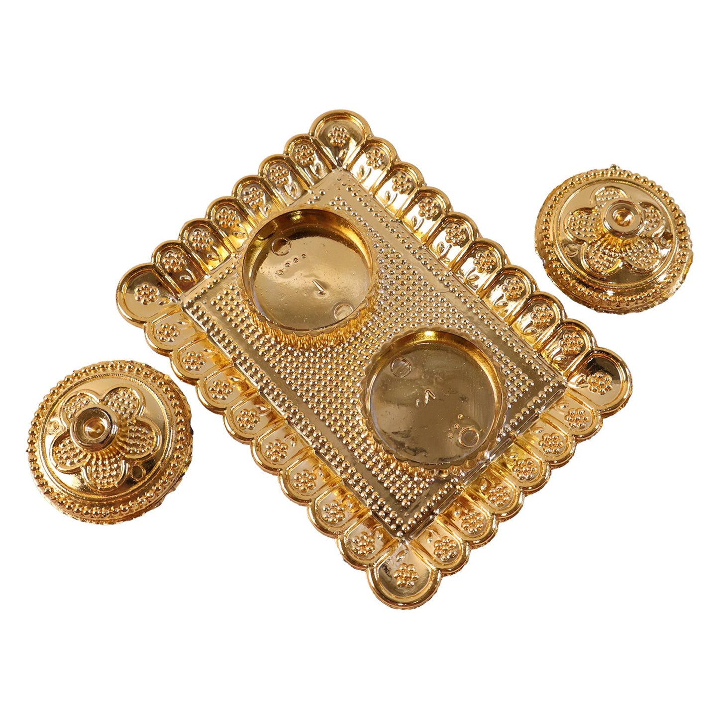 Golden Floral Kumkum Holder Square Metal Double Compartment Pooja Box for Kumkum Haldi Roli Chandan and Akshat (1 Pc)