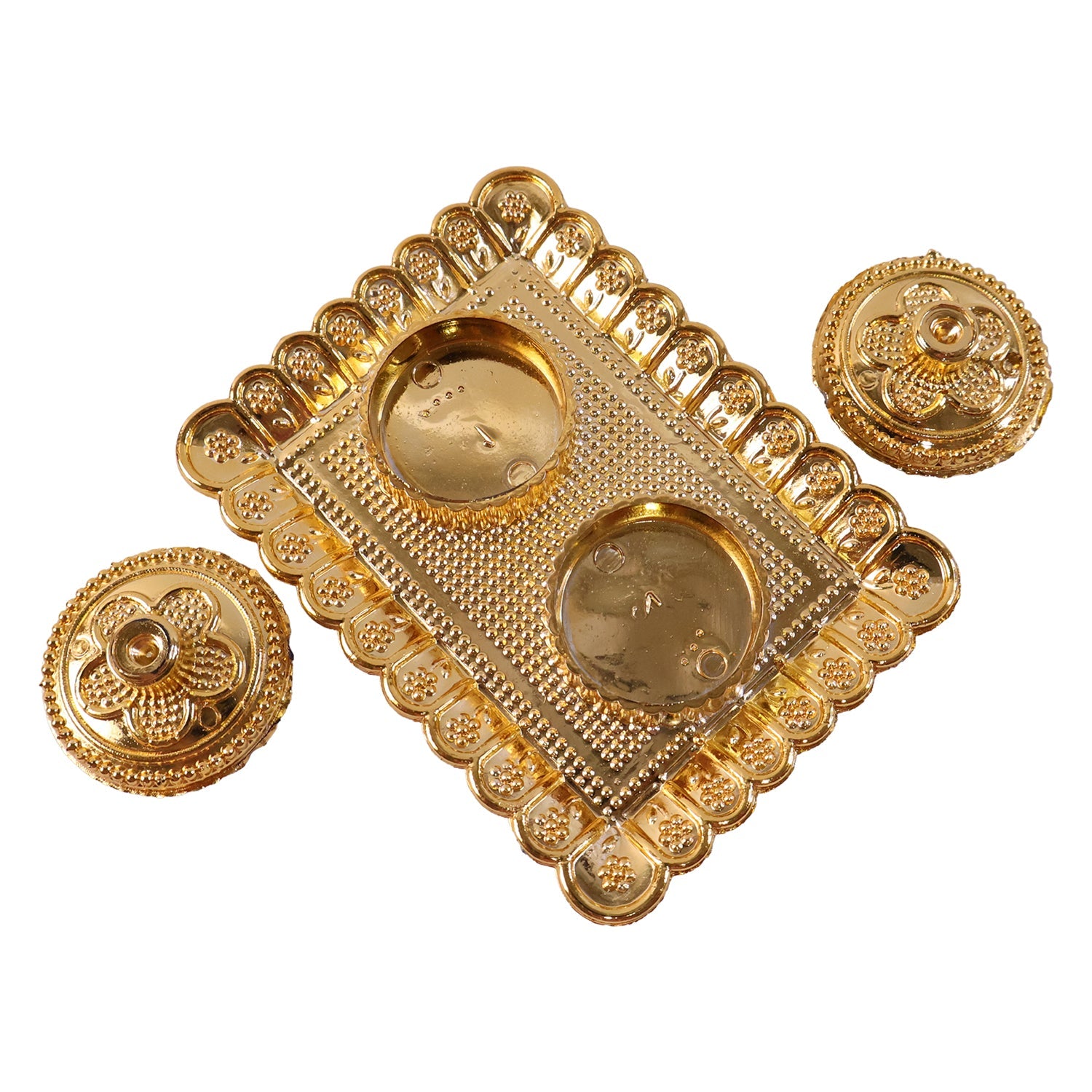 Golden Floral Kumkum Holder Square Metal Double Compartment Pooja Box for Kumkum Haldi Roli Chandan and Akshat (1 Pc)