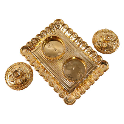 Golden Floral Kumkum Holder Square Metal Double Compartment Pooja Box for Kumkum Haldi Roli Chandan and Akshat (1 Pc)